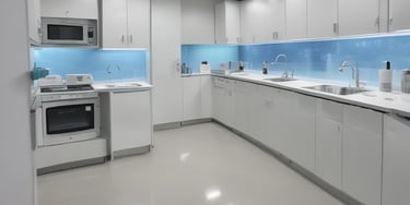 Modern white laboratory kitchen with sterile countertops, sinks, and blue glass backsplash.