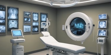Modern high-tech operating room with surgical table, MRI scanner, and medical imaging monitors.