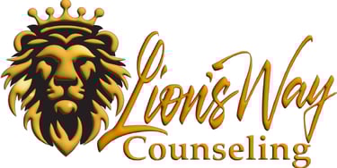 Logo, a Lion's face with text that reads Lion's Way Counseling