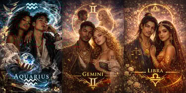 Artistic zodiac signs posters featuring ethereal couples representing Aquarius, Gemini, and Libra.