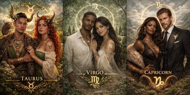 Three couples representing Taurus, Virgo, and Capricorn zodiac signs in ethereal fantasy settings.