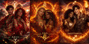 Fantasy fire zodiac art featuring couples for Aries, Leo, and Sagittarius astrology signs.