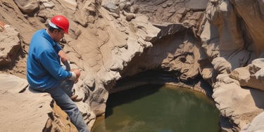 A geological survey team working in a natural landscape with equipment.