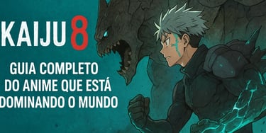 "Pôster do anime Kaiju No. 8 com o título 'KAIJU8' em destaque e os dizeres 'Guia Completo do Anime