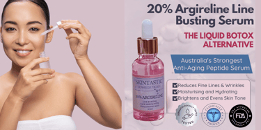 Skintastic 20% Argireline face serum showsa woman with a white dress and a bottle of liquid