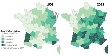 Afforestation rate in France by department in 1908 (left map) and 2022 (right)
