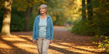 Mulher madura em momento de exercício físico leve em ambiente natural e ensolarado, focada em longevidade e saúde ativa.