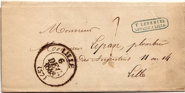 1848: Lettre de LILLE pour LILLE datée du 6 décembre 1848. Port dû taxé à la plume à 1 décime (lettr