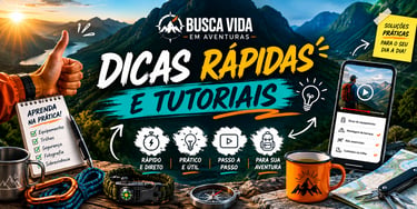 Dicas rápidas e tutoriais de aventura com equipamentos de trilha e smartphone em cenário de montanha.