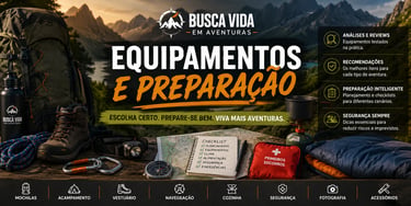 Hiking gear and camping equipment checklist laid out on a wooden table with a mountain landscape background.