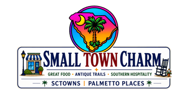 Cartoon style logo promoting Small Town Charm with SCTowns and Palmetto Places