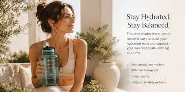 A woman holding a large, reusable water bottle with motivational time markers for daily wellness hydration.