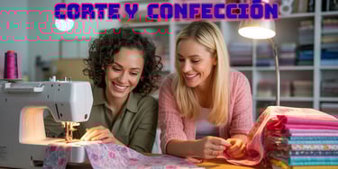 Dos jóvenes concentradas mientras practican técnicas de corte y confección de prendas de vestir en u