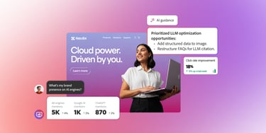 Neulix platform dashboard showing AI guidance and LLM optimization metrics for cloud brand presence.