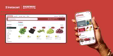 Hand holding a smartphone showing the Fareway Meat and Grocery storefront on the Instacart app.