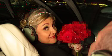 bride with flowers inside helicopter over the las vegas strip