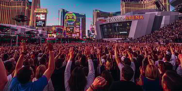 a crowd of people standing in front of a large building