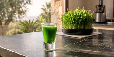 Fresh wheatgrass juice shot on a marble counter next to growing wheatgrass and a juicer.