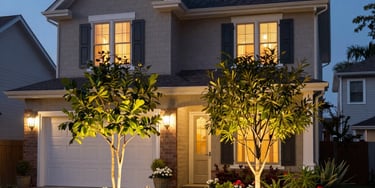 Close-up of a modern pergola with integrated landscape lighting glowing warmly at dusk.