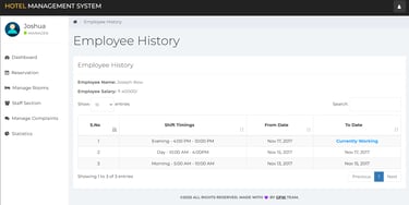 Hotel Management System - View Employee History Page