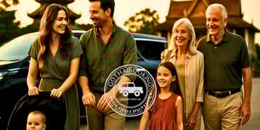 Happy multigenerational family arriving in Bangkok with private chauffeur and baby stroller