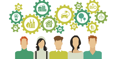 a group of people standing in front of a group of gear mesh with sustainable signs in it