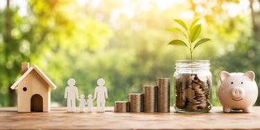 Family finance concept with house model, savings jar, coin stacks, and piggy bank.