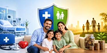 South Asian family with health and life insurance symbols representing medical and financial protect