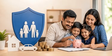 Indian self-employed family planning finances with life insurance protection symbols