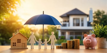 Indian family financial protection concept with house, umbrella, savings coins, and piggy bank.