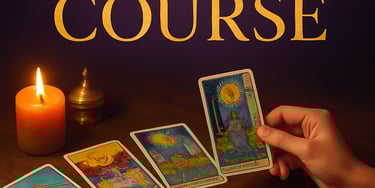 A serene setup of tarot cards spread out on a wooden table with soft candlelight