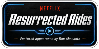 Netflix Resurrected Rides show logo with a featured appearance by Don Abenante on a neon blue background.