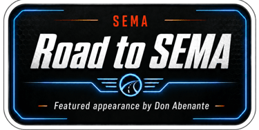 Official Road to SEMA graphic featuring Don Abenante with neon blue lighting and automotive logo.