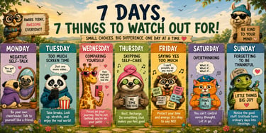 Weekly mental health self-care chart featuring cute animals with tips for daily mindfulness and wellness.