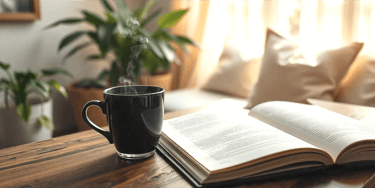 a cup of coffee and a book on a table
