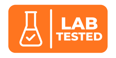 Orange lab tested badge icon featuring a beaker with a checkmark for product quality assurance.