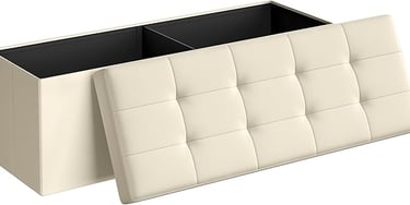 White minimalist bedroom bench with clean lines and storage functionality.