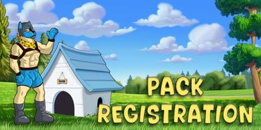 A cartoon man in pup mask near a dog house in a sunny yard PACK REGISTRATION