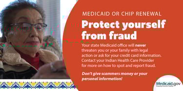 a woman with glasses and a red jacket with text saying to protect yourself from fraud