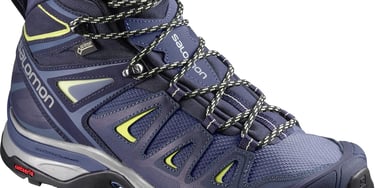 purple womens hiking boot with yellow accents