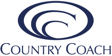 Official Country Coach motorhome logo featuring blue oval emblems on a black background.