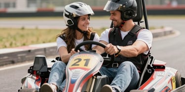 A joyful couple enjoying a ride together in a two-seater gokart under clear blue skies.