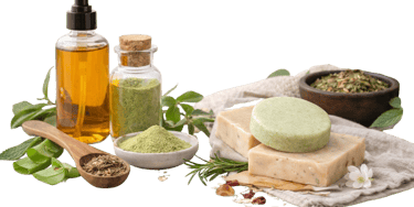 Natural skincare products including handmade soap bars, botanical oils, and herbal powders on a dark background.