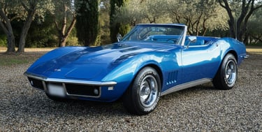 Corvette Stingray C3 1968 azul descapotable, clásico americano de lujo disponible para bodas en España.