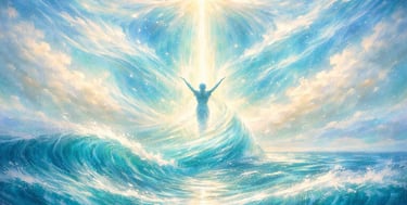 Dreamy ocean wave with a glowing figure reaching toward a bright light in the sky with overlay text Wake Up  Show Up  Step Up