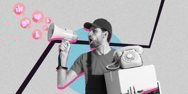 Colagem com homem segurando autofalante com ícones em balões de conversa.