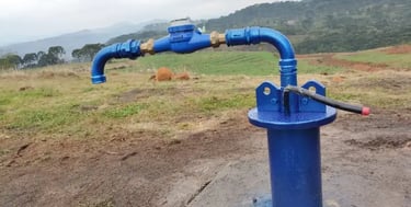 a blue water pump with a blue pipe on top of it