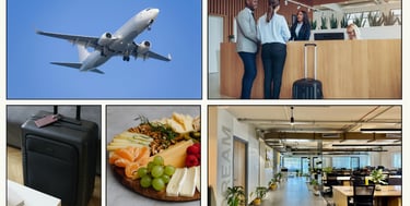 a collage of pictures of a travel, food and workspace - Customizable packages