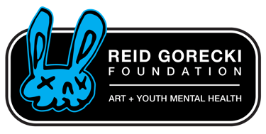 Reid Gorecki Foundation Logo, supporting ART and Youth Mental Health. Stylized Blue Bunny Skull icon