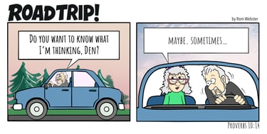 A two-panel cartoon of an old couple on their way to mass from their country home.